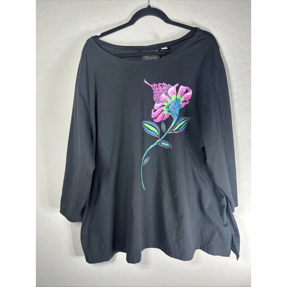 Bob Mackie Tropical Motif 3/4 Sleeve Knit Top Size 3XL Black- Flaws